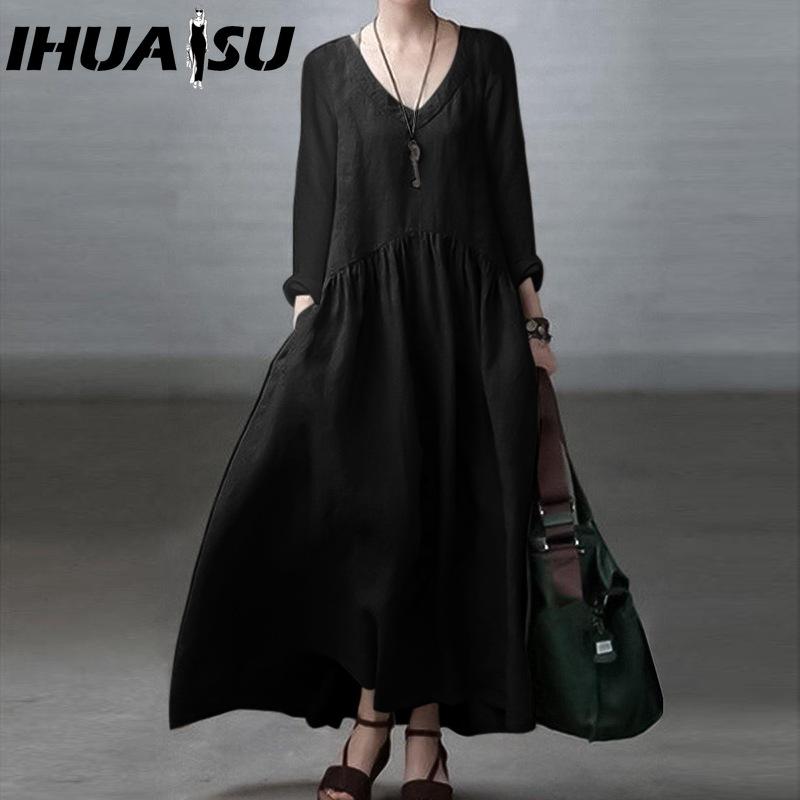 

IHUASU Хлопковое Повседневное Женское Платье V-образный вырез Длинный рукав Повседневные платья XXL чёрный
