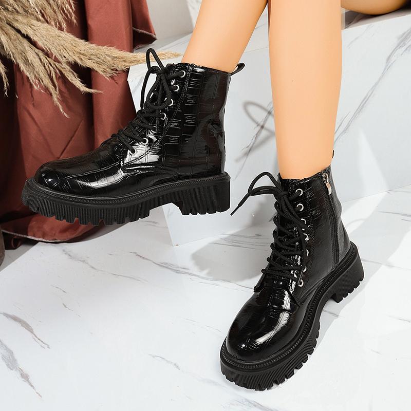 Fashion Patent Leather Thick Sole Ankle Boots Women Fashion Lace Up Zipper Black Platform Boots Woman Comfy Plus Size Motorcycle Shoes
