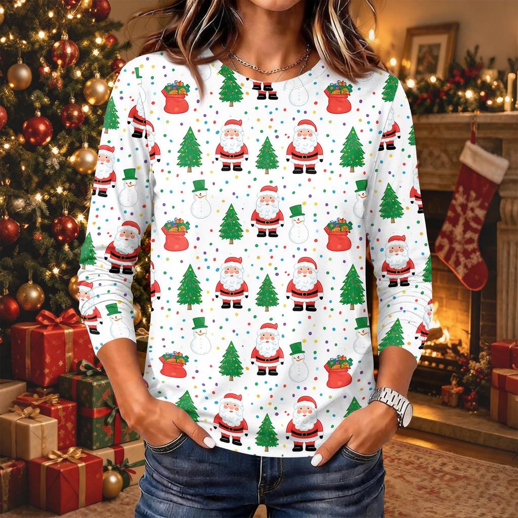 Women's Christmas Print Long Sleeve Neck Pullover Top