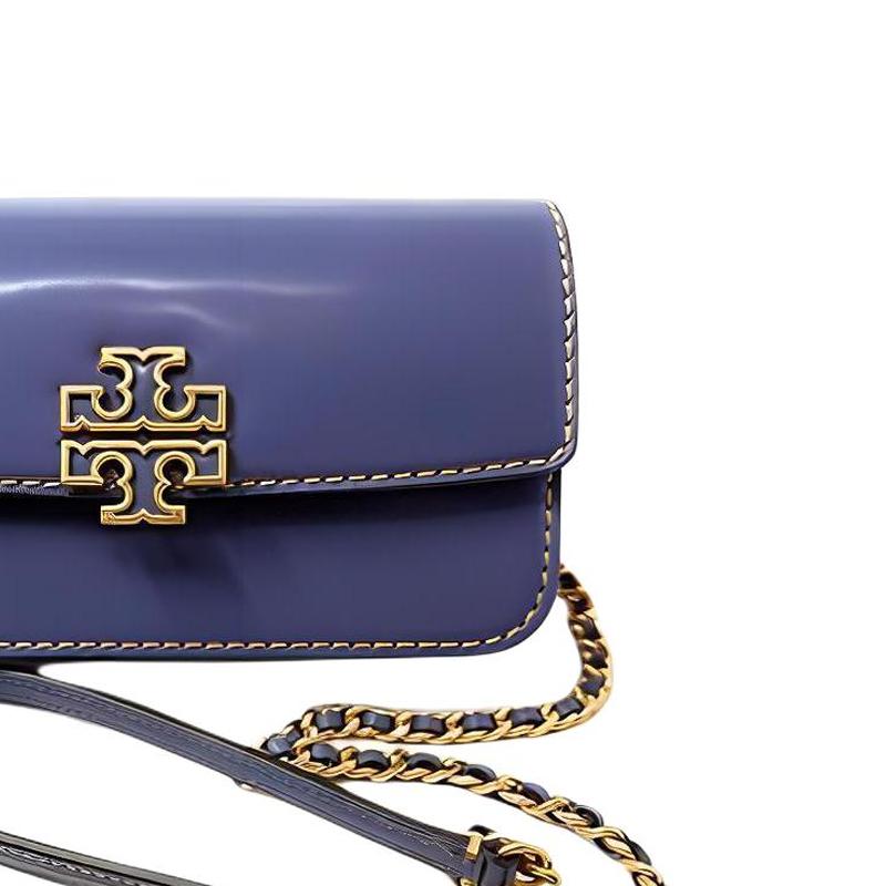 Tory Burch Britten Metal Logo Chain Shoulder Strap Patent Leather Crossbody Wallet Women Wallet Deep-Blue 141071-506