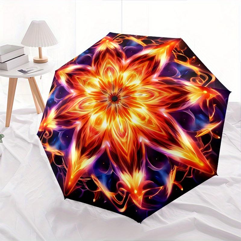 Flame Mandala Automatic folding umbrella simple eight rib design, bright color pattern, durable iron frame, ideal for travel and outdoor, b