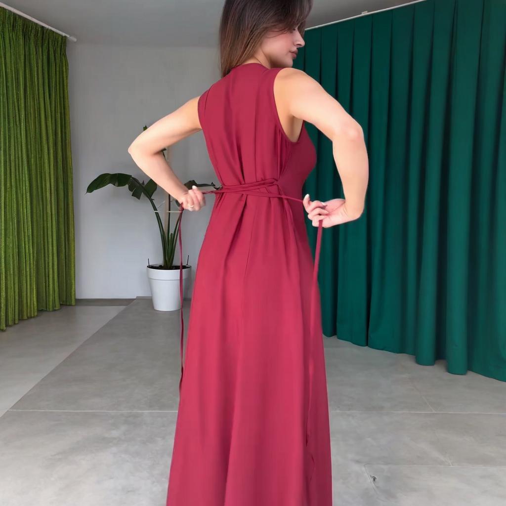 2025 Summer European & American Round Neck Button Sleeveless Slit Sexy Slim Fit Dress