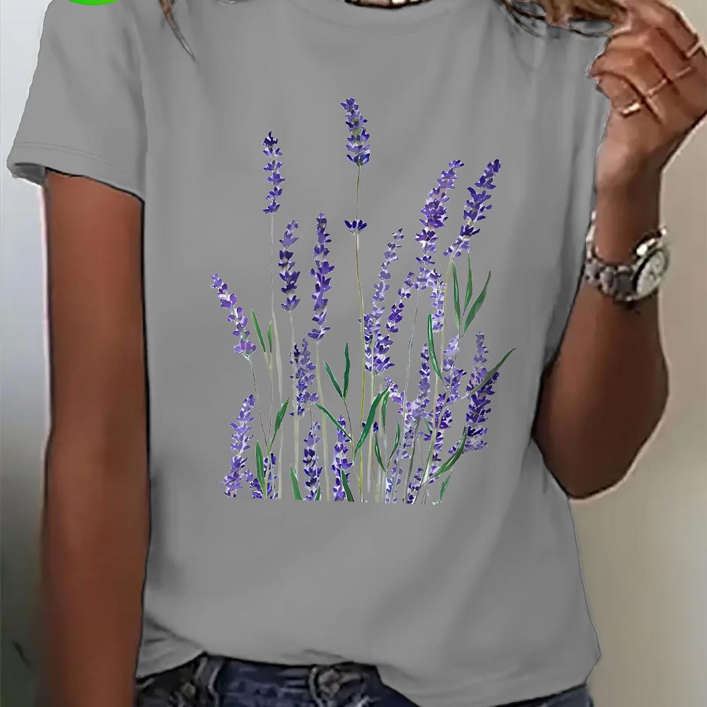 Women's lavender printed short sleeved T-shirt, a casual top with cartoon floral design, machine washable T-shirt for spring, summer, and autumn