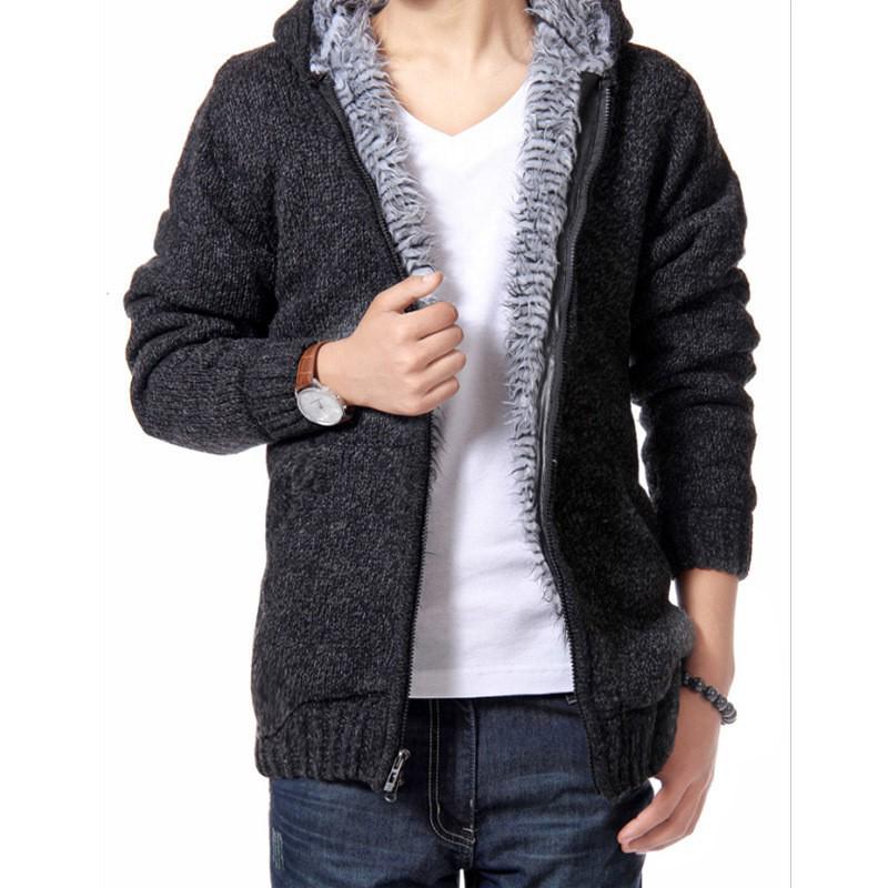 2024 Men s Winter Hooded Knit Cardigan with Velvet Lining 2XL чёрный
