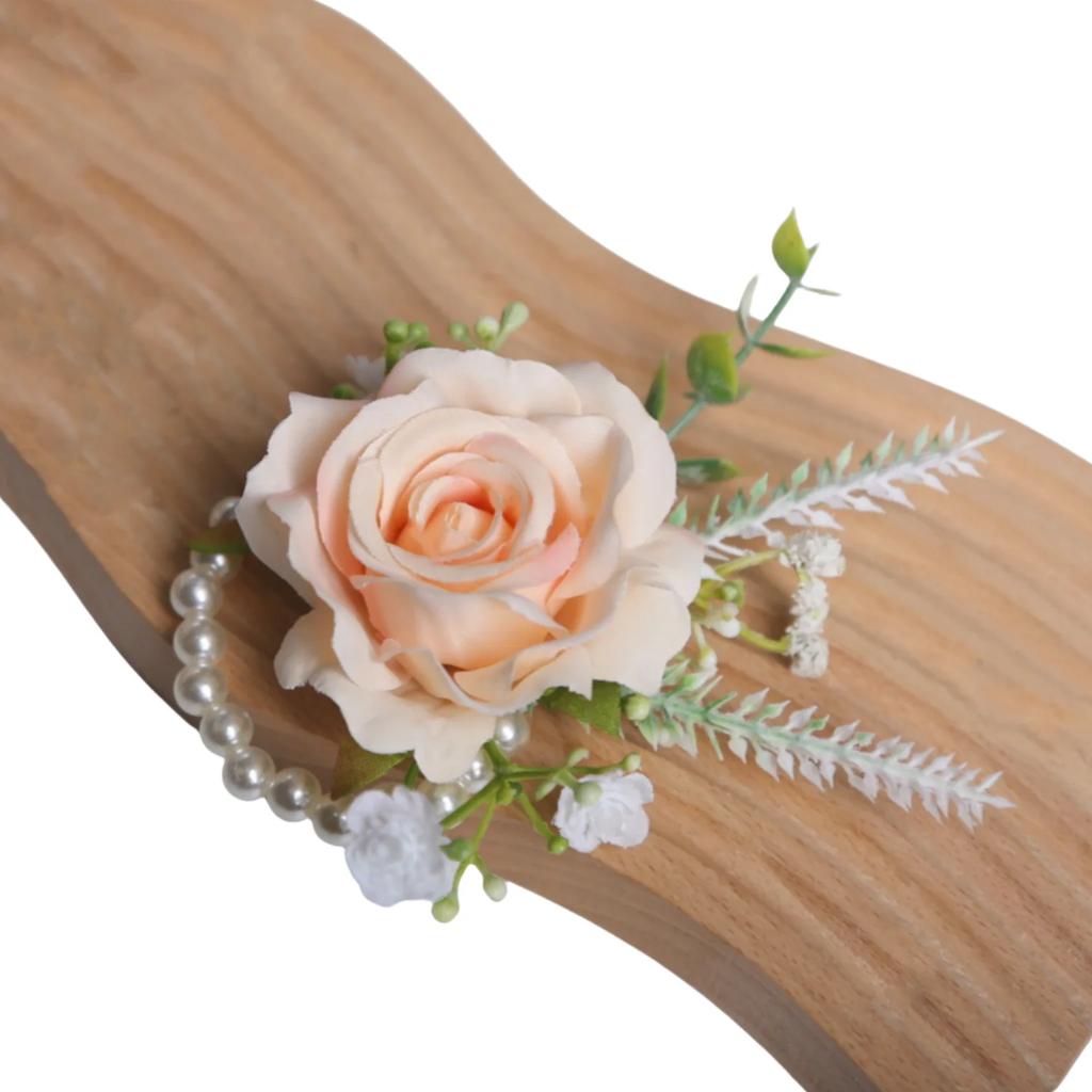 6pcs Rustic Artificial Rose Boutonniere Corsage Set Dusty Rose White Wristband Prom Suit Flowers for Wedding Ceremony