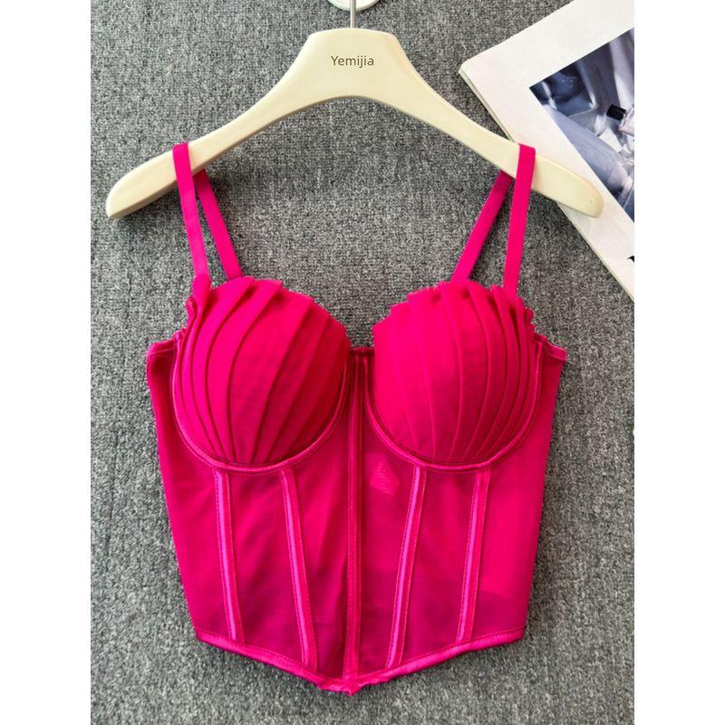 European American Summer New Mesh Folding Sexy Fishbone Camisole Women's Clothing Base Ride Outer Wear Short Tops
