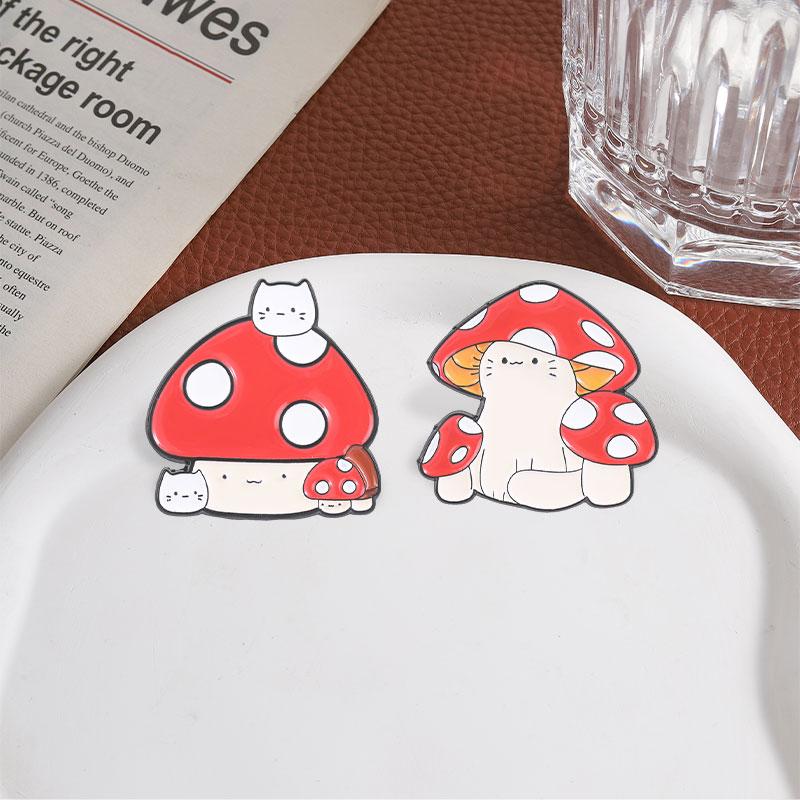 Cat Mushroom House Enamel Pins Kawaii Red Spotted Character Brooches Forest Lapel Badges Fungi Jewelry Gift for Friends