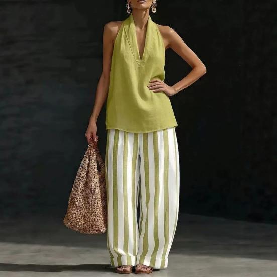 Women Cotton Linen 2 Piece Sets Sleeveless Halter V Neck Top And Striped Wide Leg Pants Sets Summer Vacation Lounge Outfits