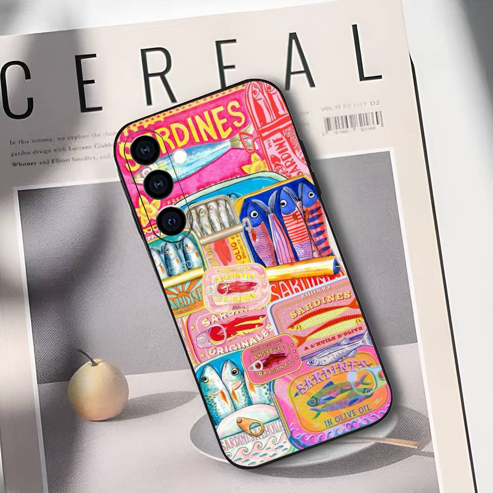 Sardines Fish Art Canned Food Phone Case For Samsung Galaxy A73,A72,A71,A70,A53,A52,A51,Soft Silicone Black Cover