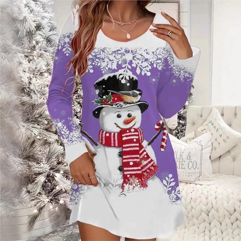 Women's Christmas Casual Dress Snowflake And Christmas Tree Print Long Sleeve Round Neck Micro Stretch Dresses For Women Vestido
