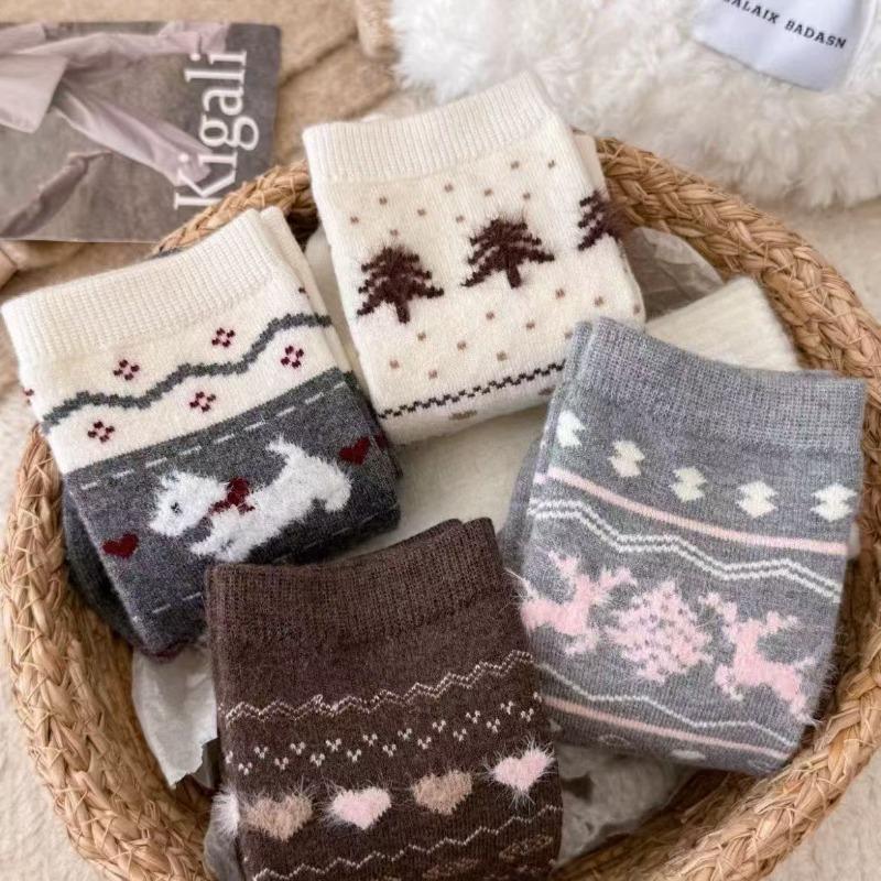 Retro Warm Fleece Socks for Women's Autumn and Winter Warmth, Thickened Mid-calf Socks, Cute Bow, Doggy Dui Dui Socks