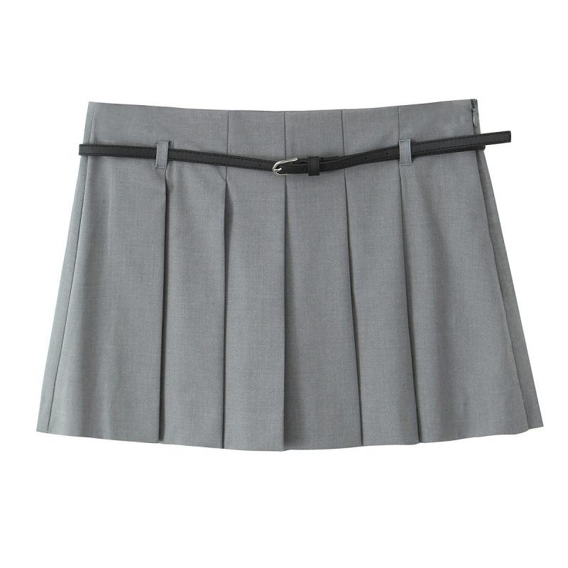 European & American Solid Color Pleated Mini A-Line Culottes with Waist Belt