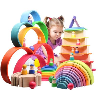 DIY Rainbow Bloki Dziecko Drewniane Zabawki Duży Rozmiar Rainbow Stacker Kreatywne Klocki Montessori Zabawki Edukacyjne Drewniane Zabawki