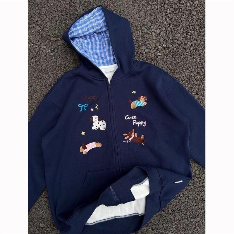 Dog Embroidered Plaid Hooded Sweater Cardigan Women's Spring and Autumn New Korean Lazy Style Chic Coat