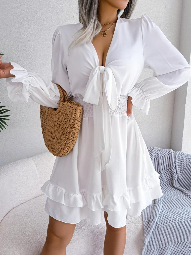 V Neck Solid Color Dress Waist Hugging  Elegant Fungus Dress for Women Long Sleeve Loose Dresses Causal Dress