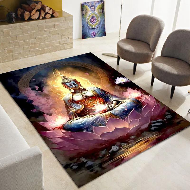 Buddha Teppich, Buddhismus Bereichsteppiche für Schlafzimmer Wohnzimmer Eingangsbereich, Buddha Statue Muster Meditation Bodenmatte Rutschfester Yoga Teppich