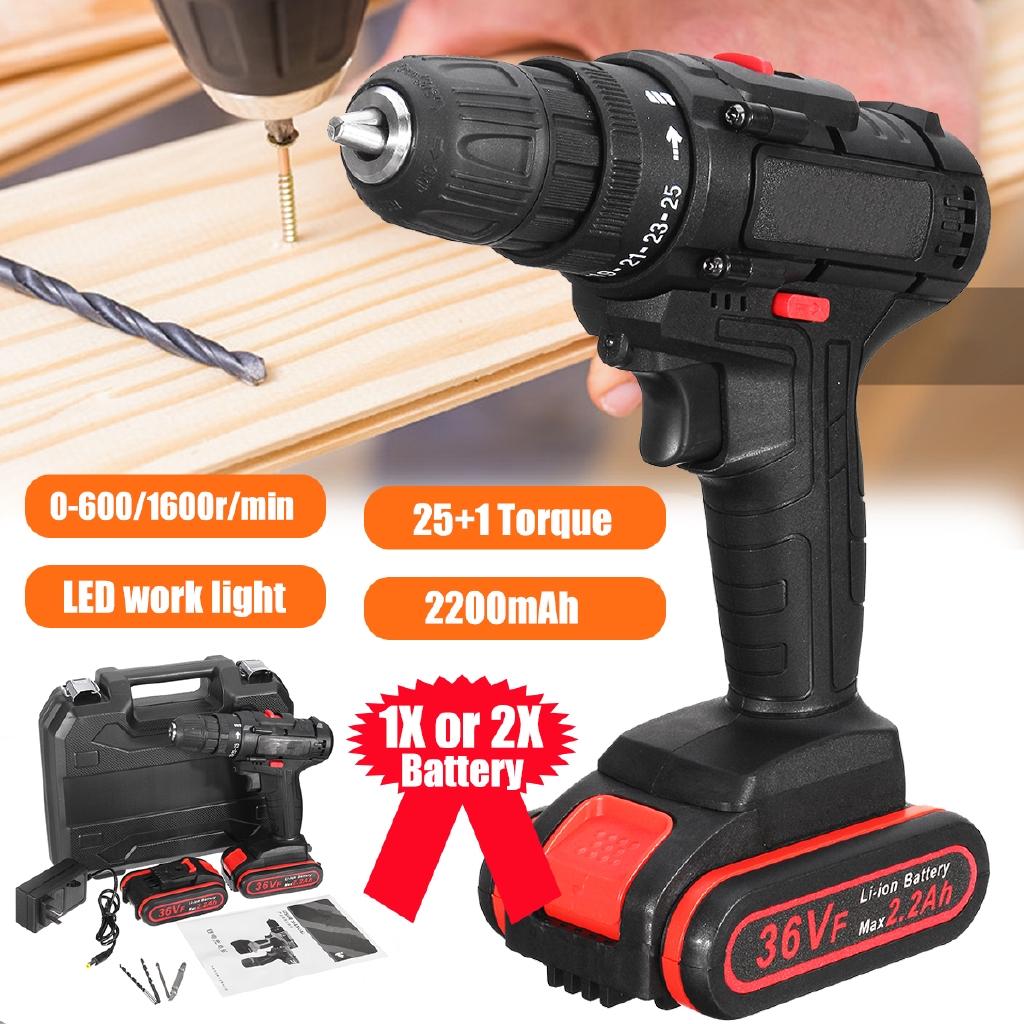 25+1 Torque 2200mAh Electric Cordless Drill With 1 or 2Battery Power Adapter 36V New
