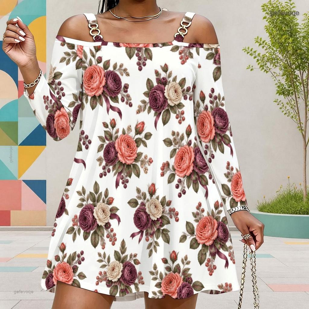 Women Plus Size White Floral Printed Cold Shoulder Long Sleeve Dress