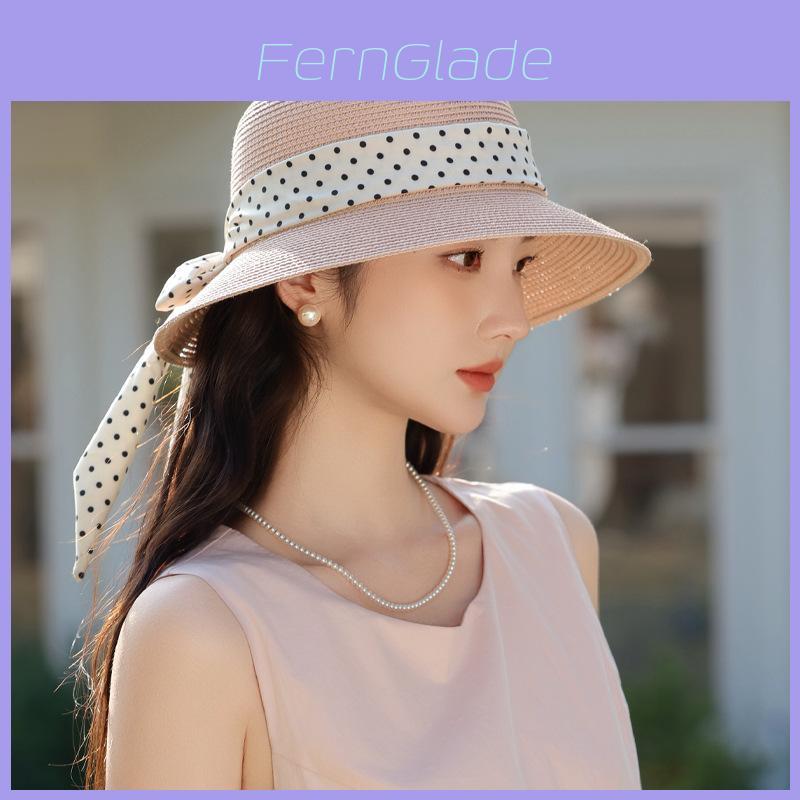 French Summer Dot Ribbon Raffia Hat With Wide Brim Sun Protection For Women