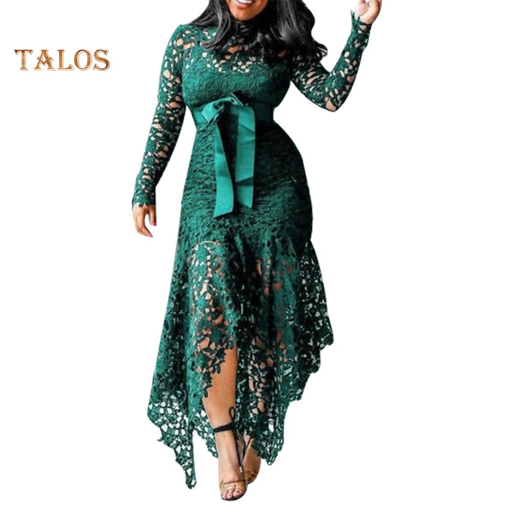TS Women Long Sleeve Bow Belted Irregular Hem Hollow Lace Bodycon Long Dress