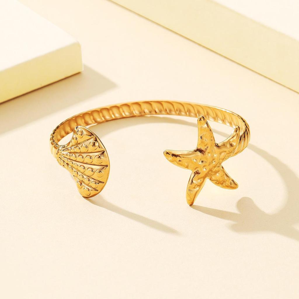 18K Gold Starfish Shell Beach Resort Stainless Steel Open Bracelet