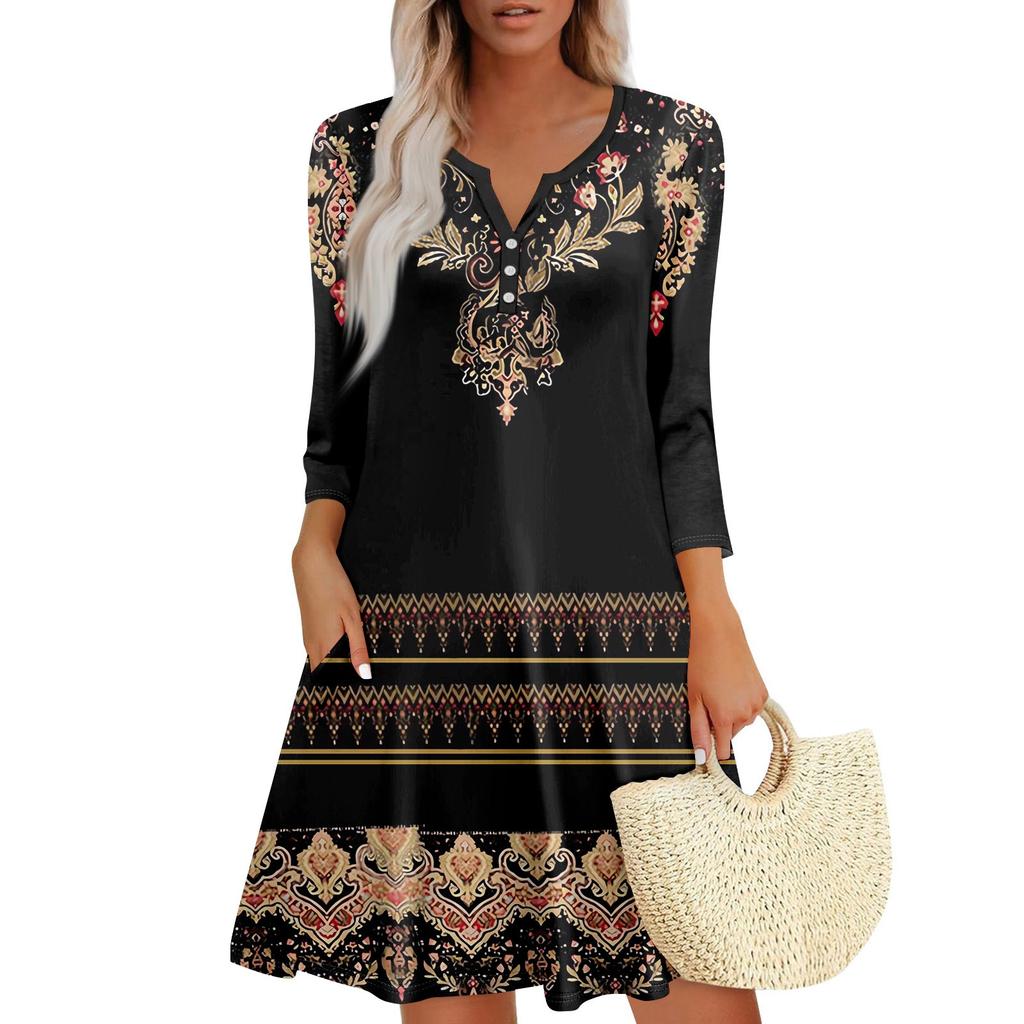 Women's Summer Dress Loose V Neck Three-quarter Sleeve Sundress With Pockets Dress