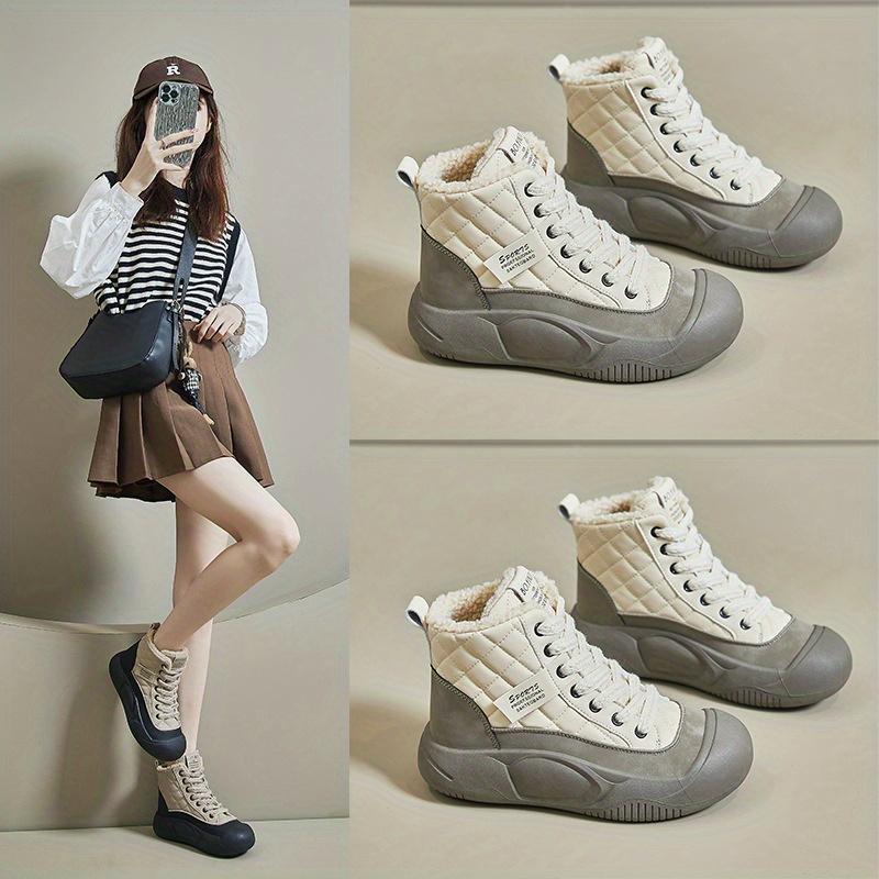 Women's Winter High-Top Sneakers Platform Shoes with Non-Slip Rubber Sole, Beige & Black Cushioned Insole for All-Day Comfort Casual Boots