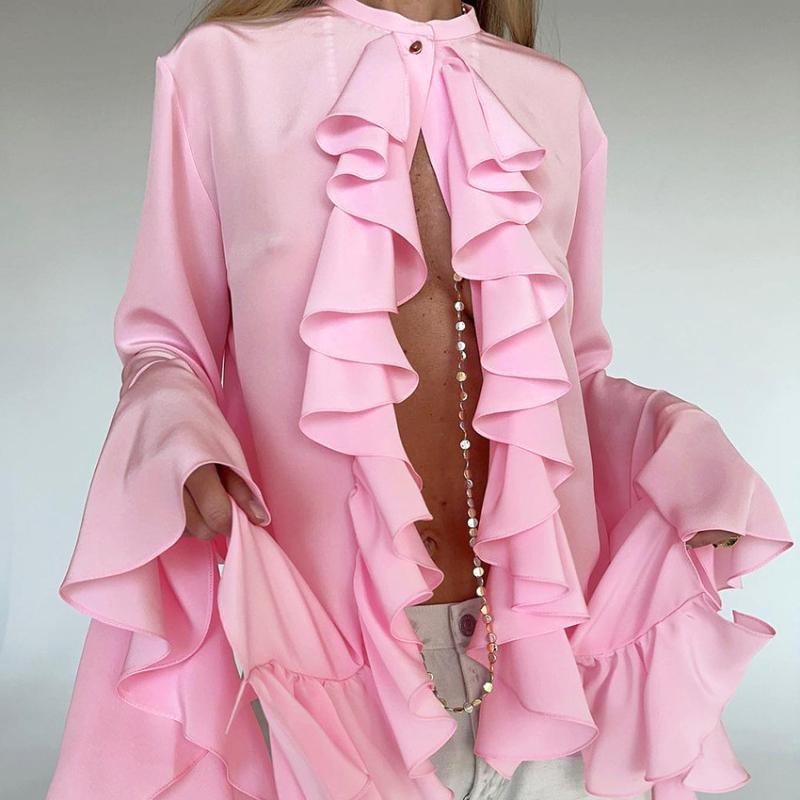 Women's White Fashion Patchwork Lace Flared Sleeves Loose Ruffled French Shirt Temperament Summer Women  Elegant Chiffon Blouses