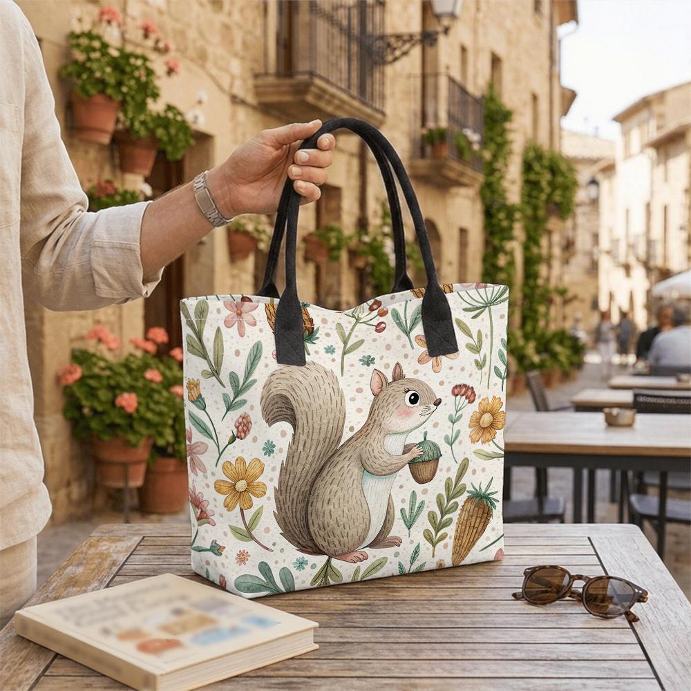 Cute Squirrel Floral Print Canvas Tote Bag Casual Portable Daily Shopping Handbag