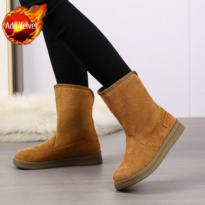 

Модные женские сапоги до середины икры на плоской подошве с круглым носком и флисовой подкладкой, зимние утепленные, в наличии, удобные и элегантные, в стиле Y2k, женские зимние сапоги 41