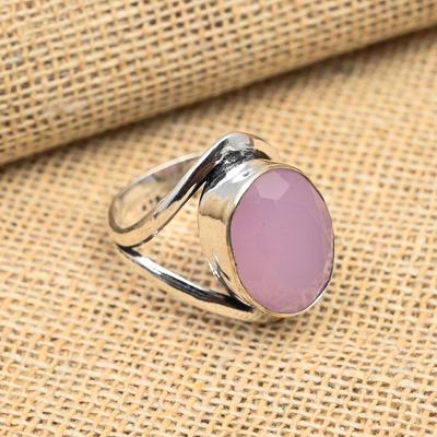 Eleganter rosa Chalcedon-Edelstein, handgefertigter Ring aus 925er Sterlingsilber, schöner Schmuck