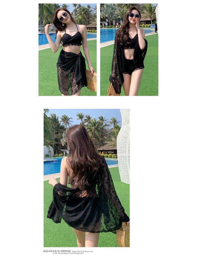 2025 Lace & Mesh Three-Piece Bikini with Long Sleeve Boxer Top