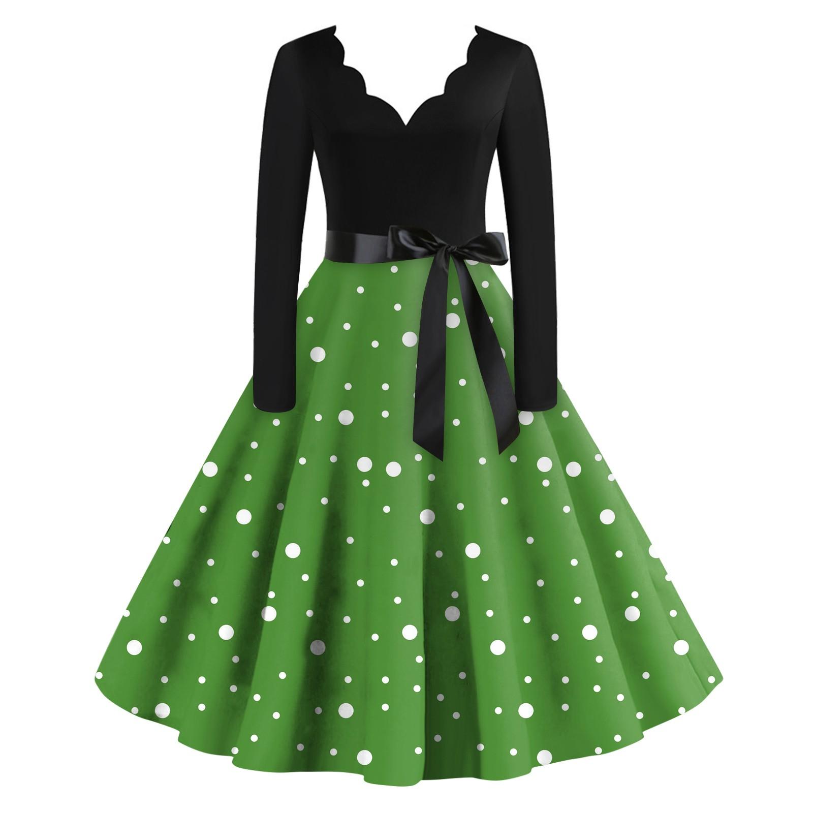 Женское повседневное модное платье с V-образным вырезом и длинными рукавами в стиле ретро — фото 7