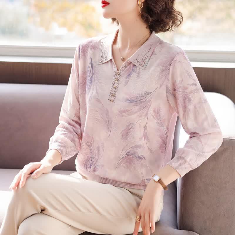 Elderly Women s Casual Floral Print Lapel T-shirt