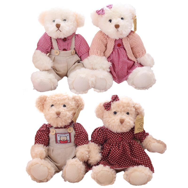 2pcs/pair 26cm Lovely Couple Teddy Bear With Clothes Dolls Stuffed Animal Bear Plush Toy Kids Baby Children Girl Birthday Gift