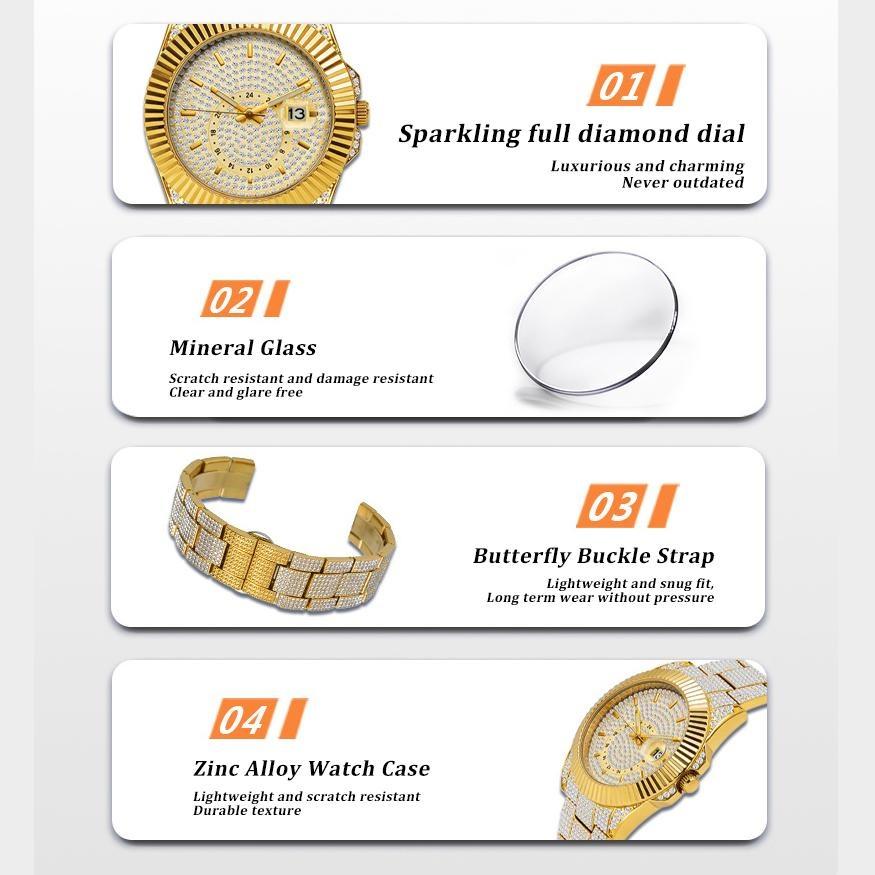Mens Full Diamond Luxury Quartz Watch Zinc Alloy Band Luminous Hands Casual Business Dress Wristwatch