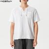 INCERUN Vintage Mens Summer Short Sleeve Lace Up Neck Solid Color Casual T-shirts Tops