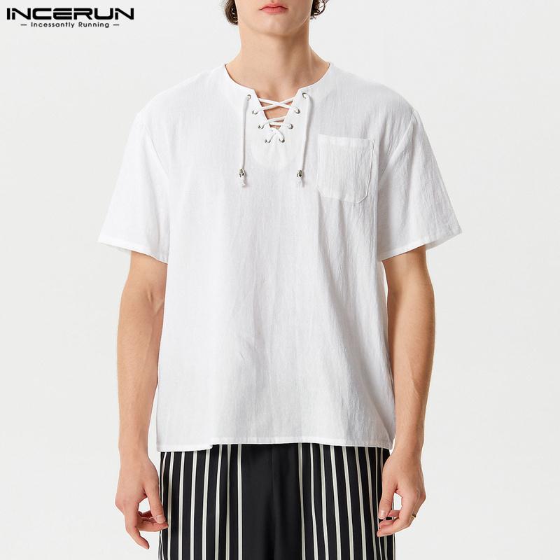 INCERUN Tricouri Topuri Casual de Vară pentru Bărbați Vintage cu Mânecă Scurtă, cu Șireturi la Gât, Culoare Solidă