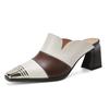 Fashion 2025 New Ladies Genuine Leather Metal Head Mules Fashion Med Chunky Heels Summer Wedges Slippers Women Casual Office Shoes Woman
