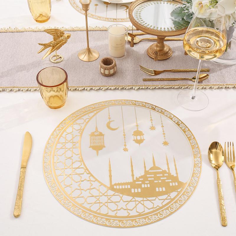 1/4 pièces Tapis de Table Eid Mubarak Ramadan Kareem Lune Dorée Tapis de Table en PVC pour Festival Musulman Islamique Fête Décoration de Table Maison Cadeau