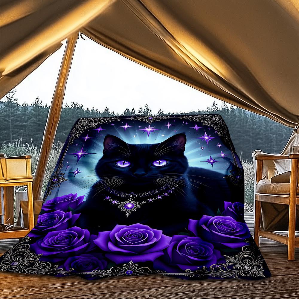 1pc Purple Rose Cat Outdoor Flannel Blanket , Machine Washable Perfect Gift for Birthday , Holiday Travel Accessory , Durable Material