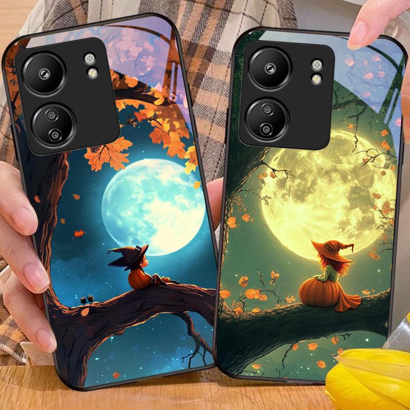 Witch Pumpkin Lantern For Redmi Note 7 8 9 8T 10 11 12 12S 13 14 Pro Plus 5G 13C 12 14C 5 3 4G Black Tempered Glass Phone Case