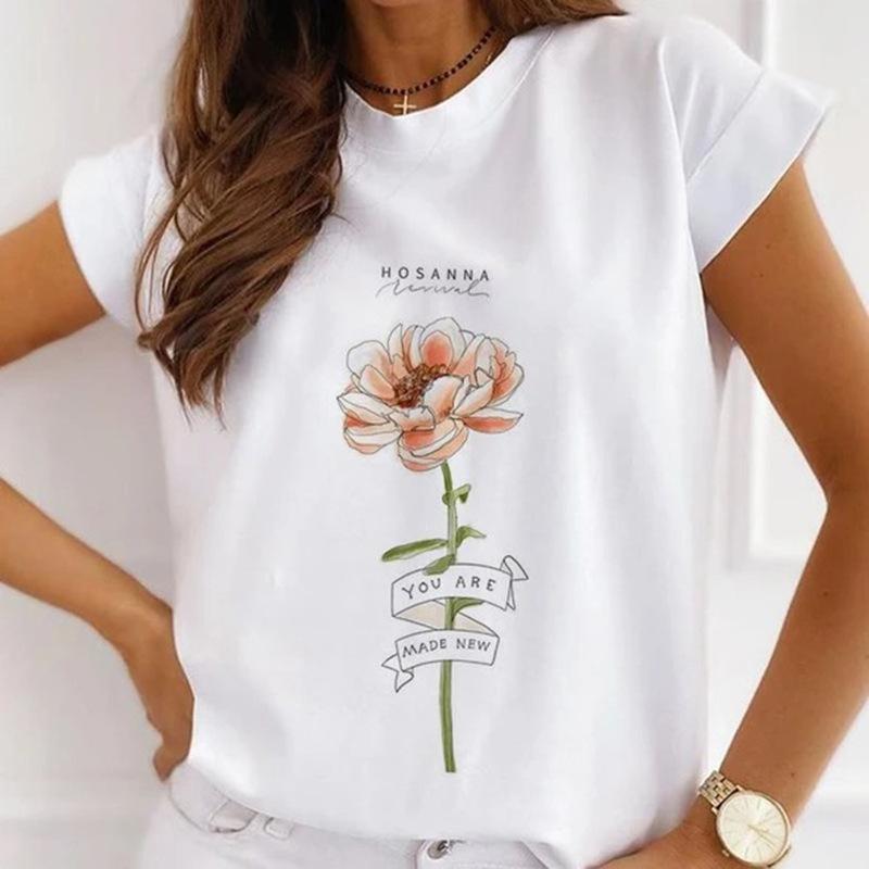 Módní kreativní 3D Rose Flower Grafika Dámské Tričko Letní halenka 90S Volný Trička s krátkým rukávem Bílý výstřih do O Dámské topy Oblečení