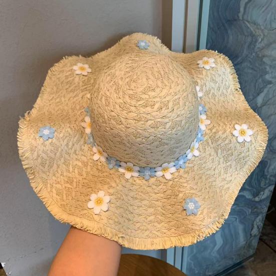 Sun Hat Hand-Crocheted Chrysanthemums Large Brim Strong Sun Protection Wave Shape Face Slimming Vacation Style Travel Hat