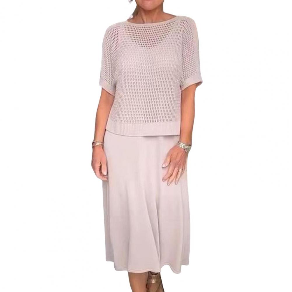 2 Pcs/Set Women Top Dress Set Hollow Out Knitted Round Neck Short Sleeve Top V Neck A-line Sleeveless Sundress Lady Midi Dress C