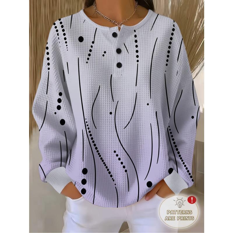 Barcode Women'S 3-Button Henley Collar Waffle Long Sleeve Top, Easy Curved Polka Dot Combination Print