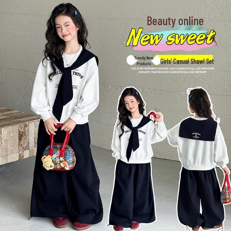 Girls' Spring & Autumn Sailor Collar Sweatshirt and Cargo Pants Set - 2025 Collection