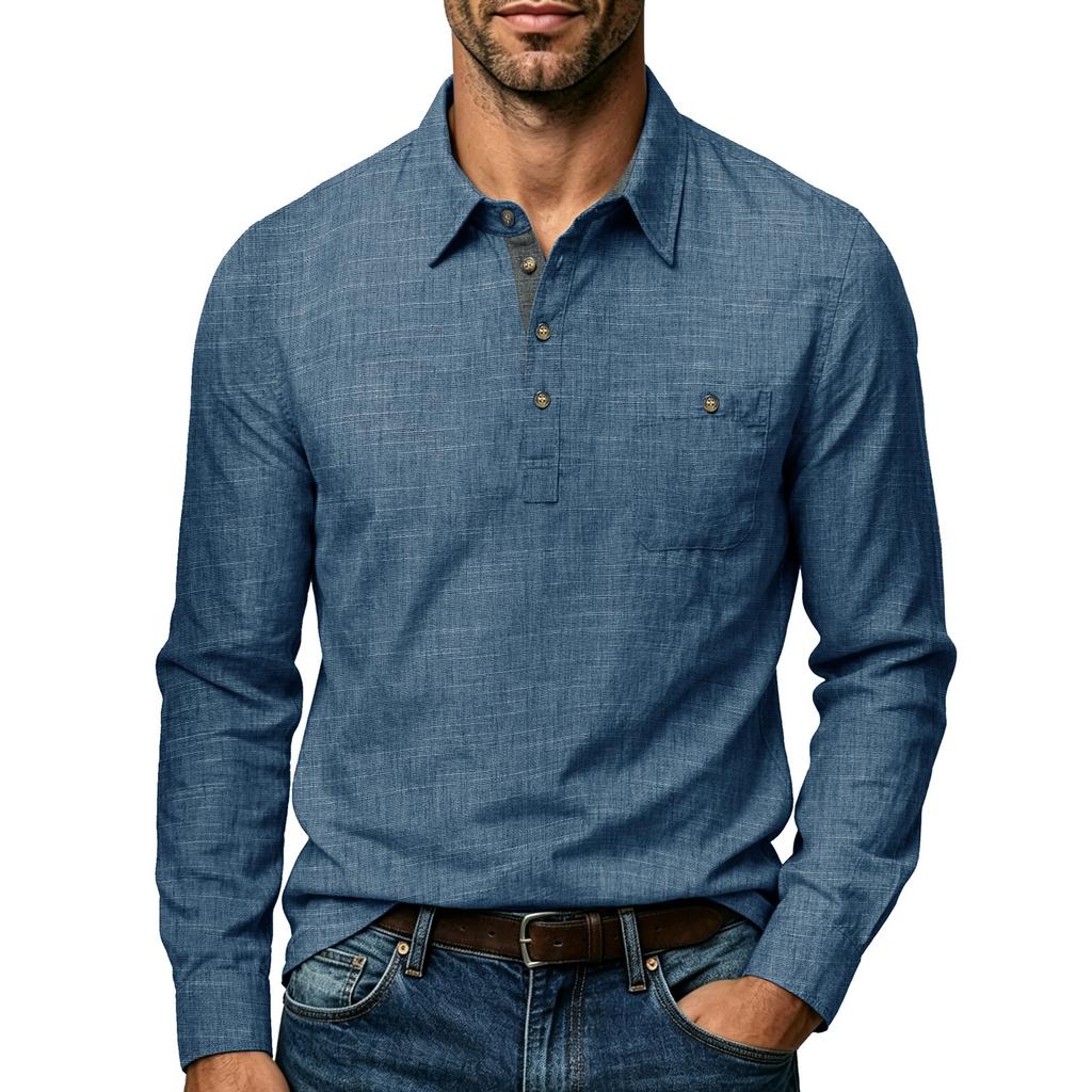 Men's Casual Long Sleeve Button-Down Collar Pullover Shirt with Pocket, Cotton-Linen for Everyday Wear