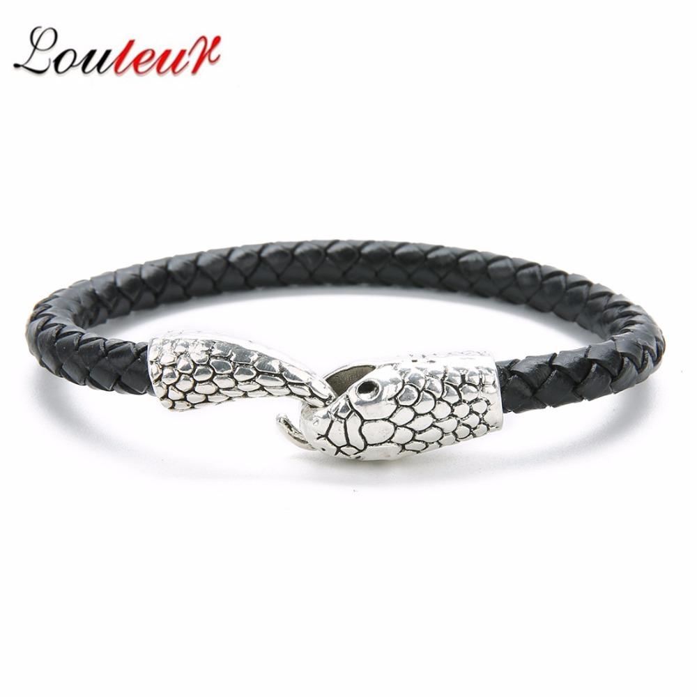 Vintage Silver Color Snake Easy-Hook Leather Bracelets Men Viking Jewelry Black Brown Braid Bracelet Charms Bangle 2019