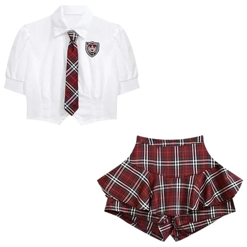 Summer New American Sweetheart Suit College Style Sweet Babes Jk Uniform Waist Shirt Top Red Plaid Skirt